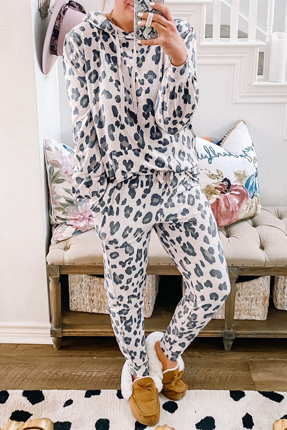 Khaki Leopard Print Drawstring Hoodie and Skinny Pants Lounge Set - loveforevers
