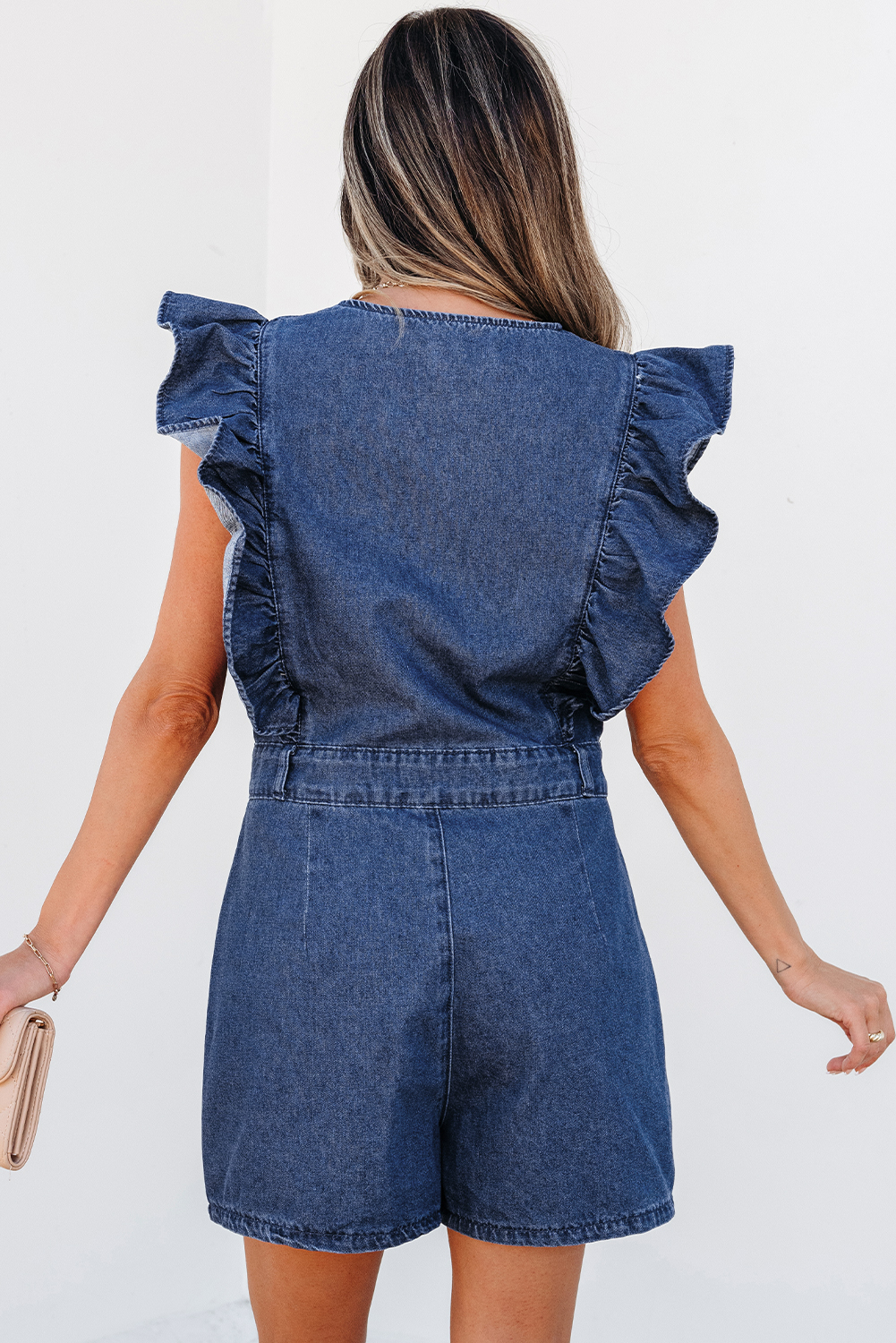 Sail Blue Denim Ruffled Zipped Front Belted Romper - loveforevers