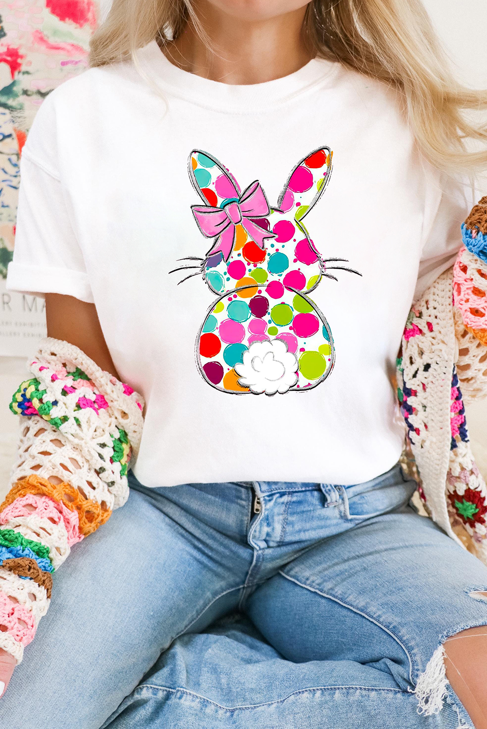 White Polka Dot Bow Rabbit Graphic Crewneck Easter Fashion Tee - loveforevers
