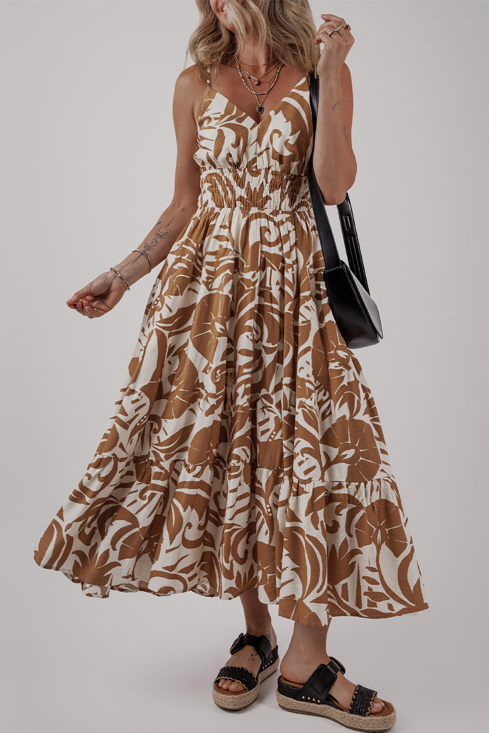 Khaki Floral Shirred High Waist Spaghetti Straps Maxi Dress - loveforevers