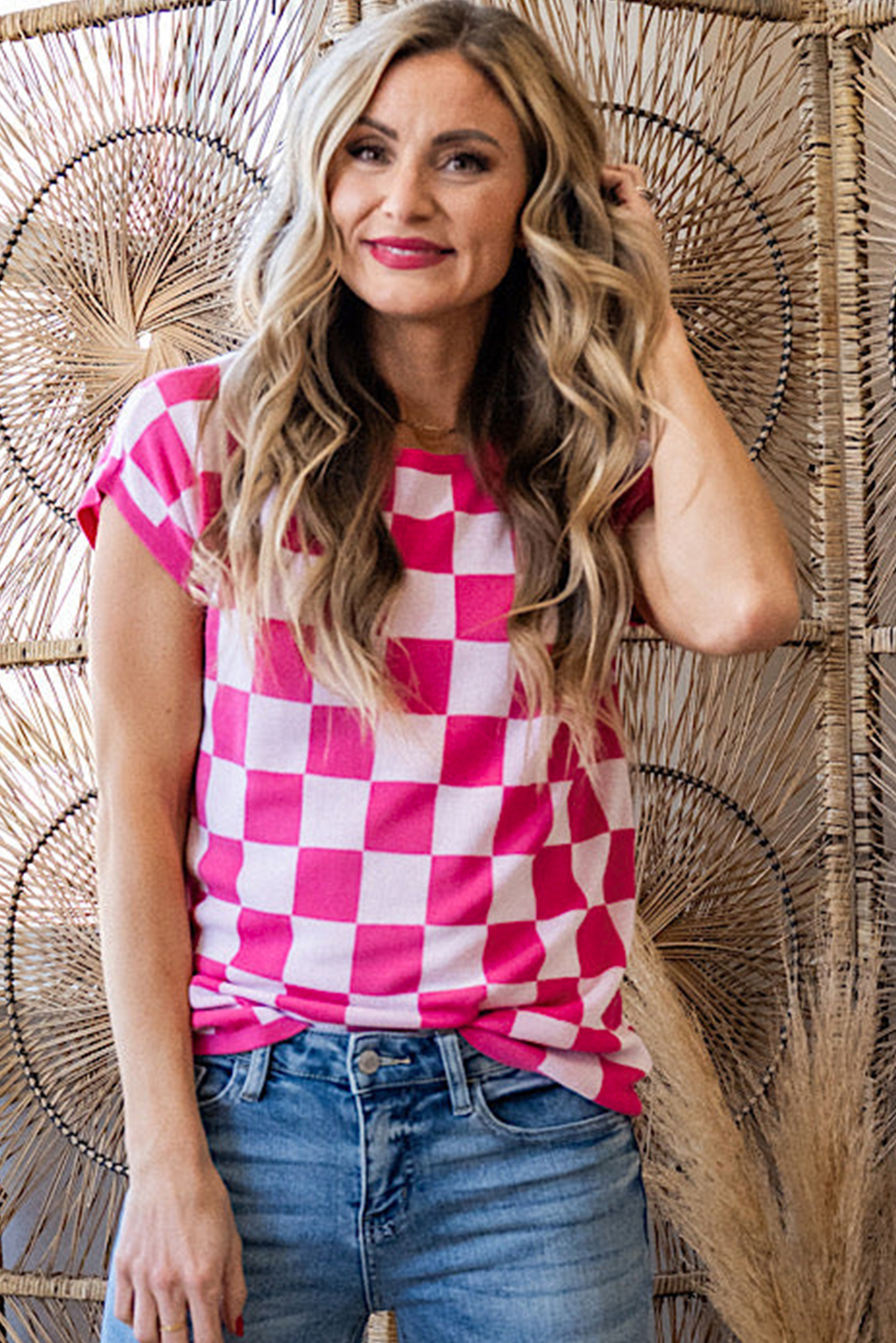 Rose Check Pattern Cap Sleeve Knitted Sweater - loveforevers