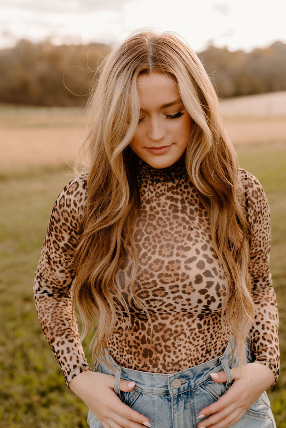 Brown Leopard Smocked Neck Mesh Long Sleeve Bodysuit - loveforevers