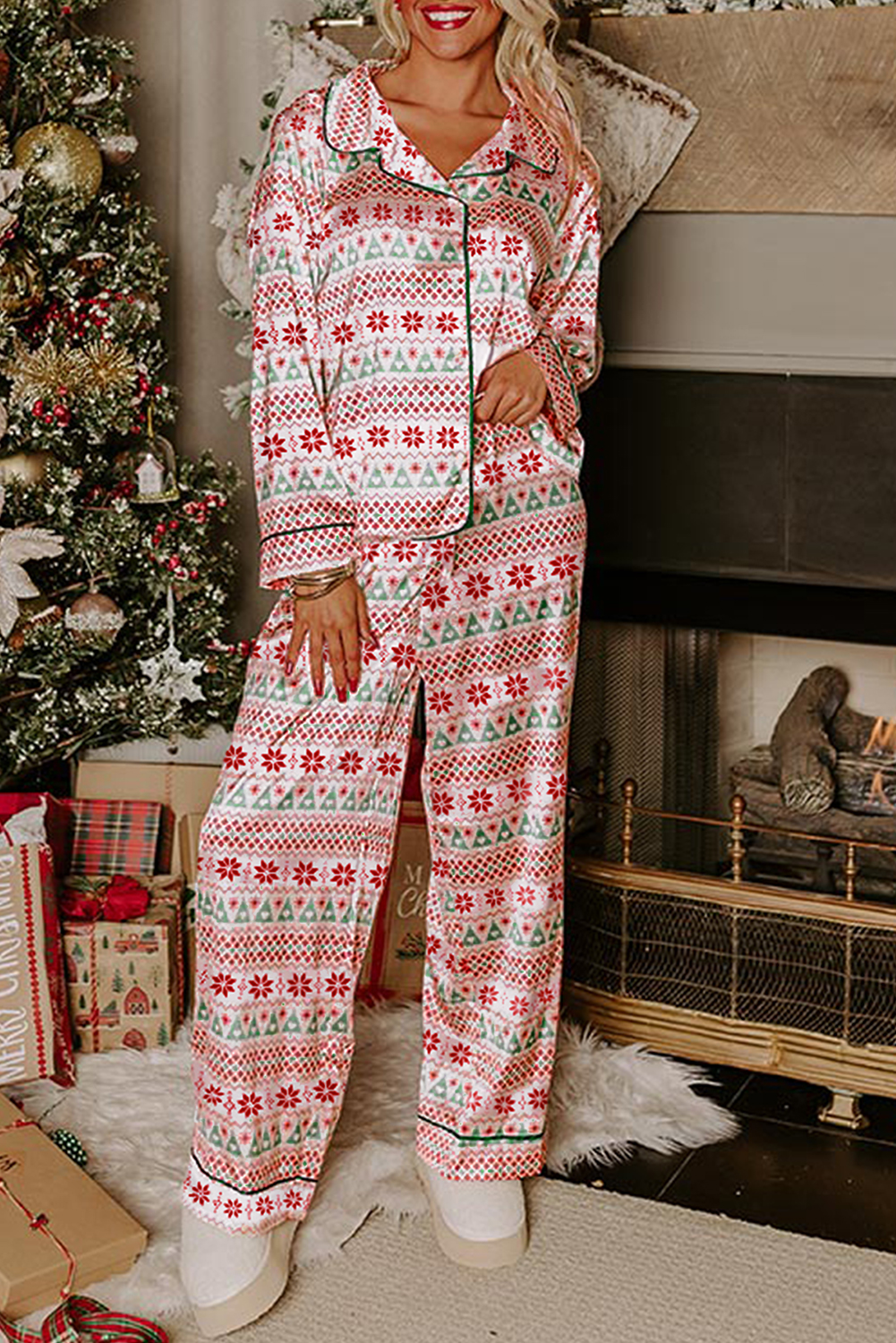 White Christmas Pattern Print Shirt Style Long 2pcs Pajama Set - loveforevers