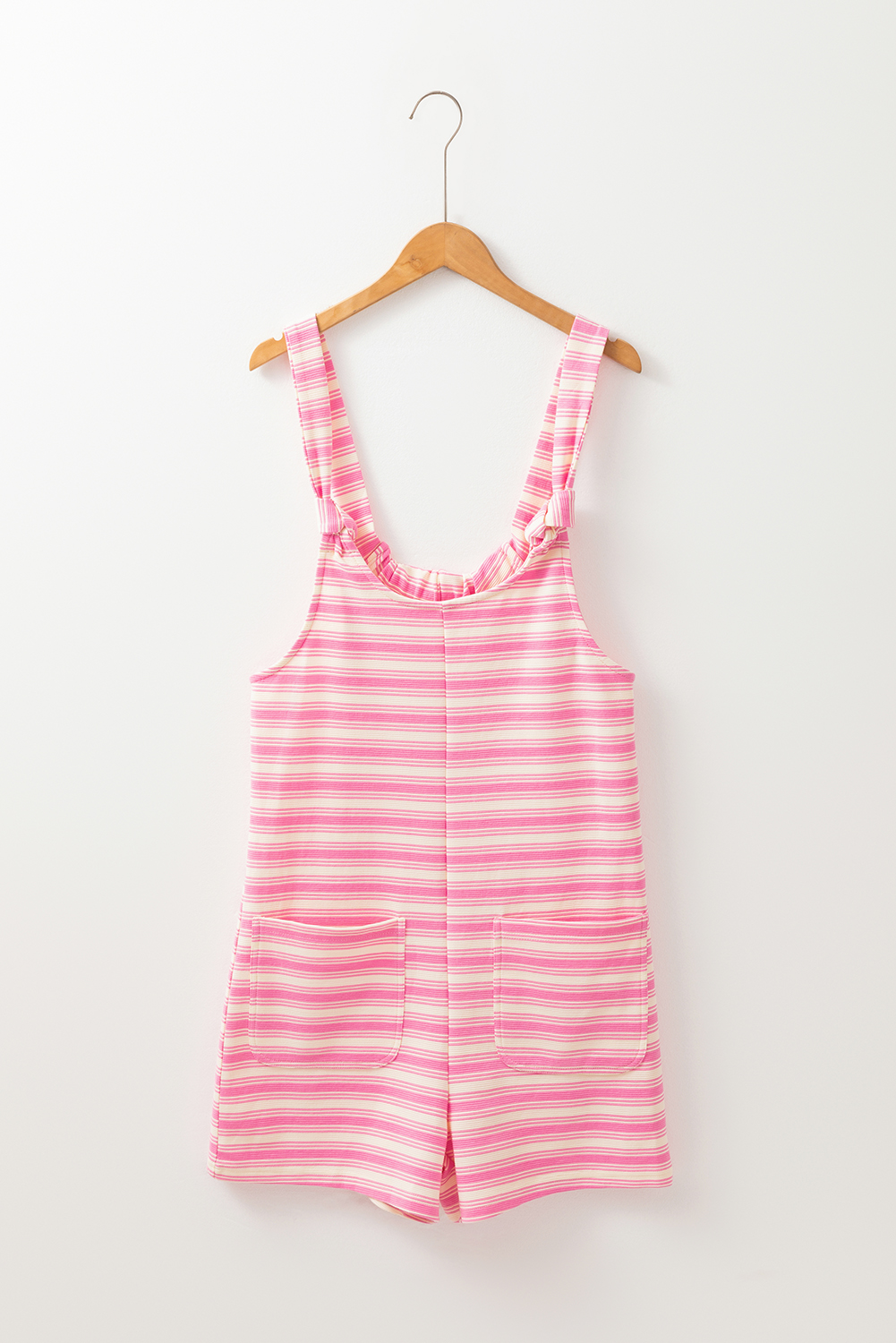 Pink Stripe Knotted Strap Patched Pocket Romper - loveforevers