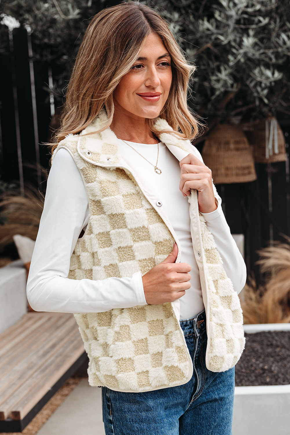 Khaki Sherpa Checkerboard Snap Button Vest Jacket With Pocket - loveforevers