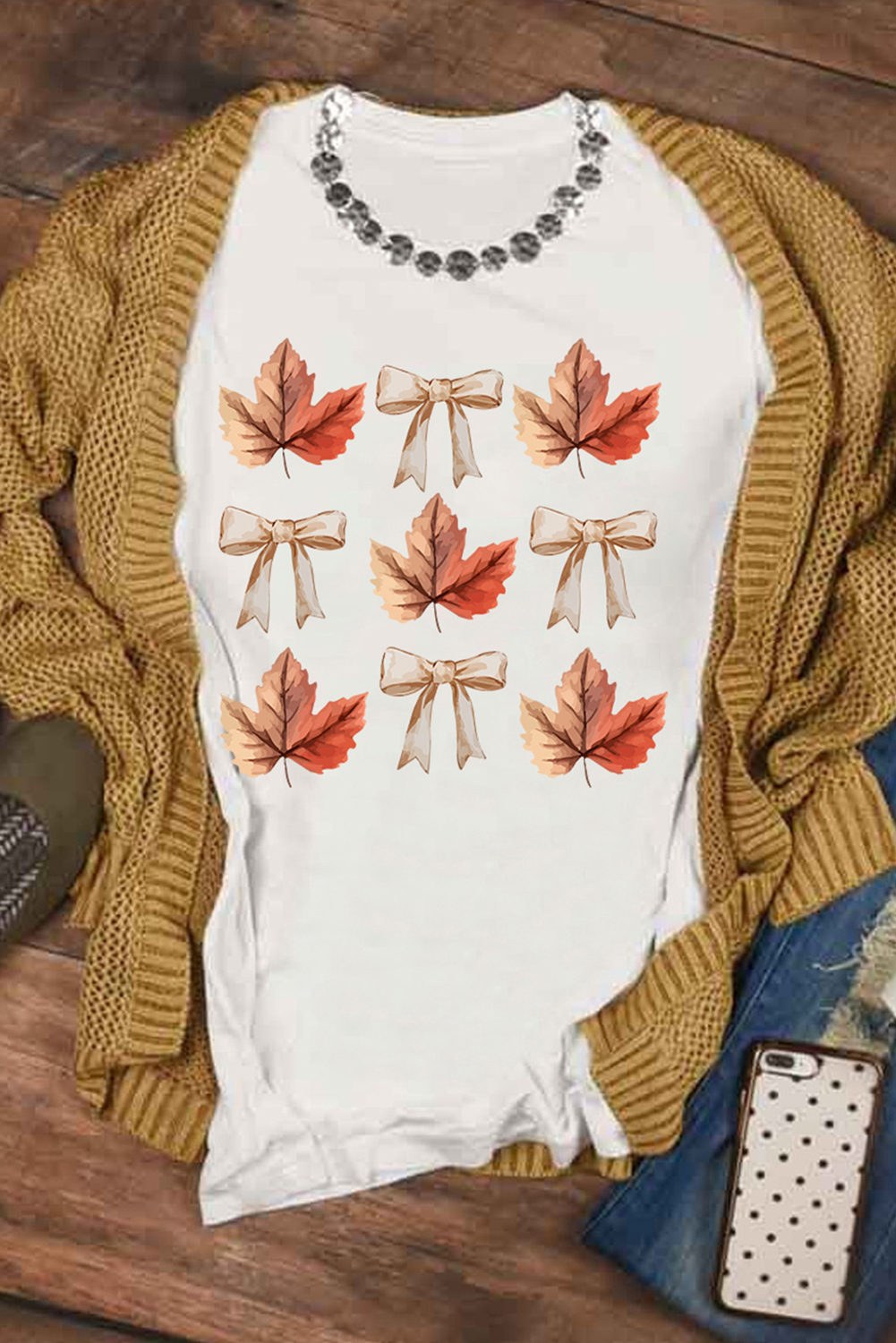 White Fall Leaf Bow Print Thanksgiving T Shirt - loveforevers