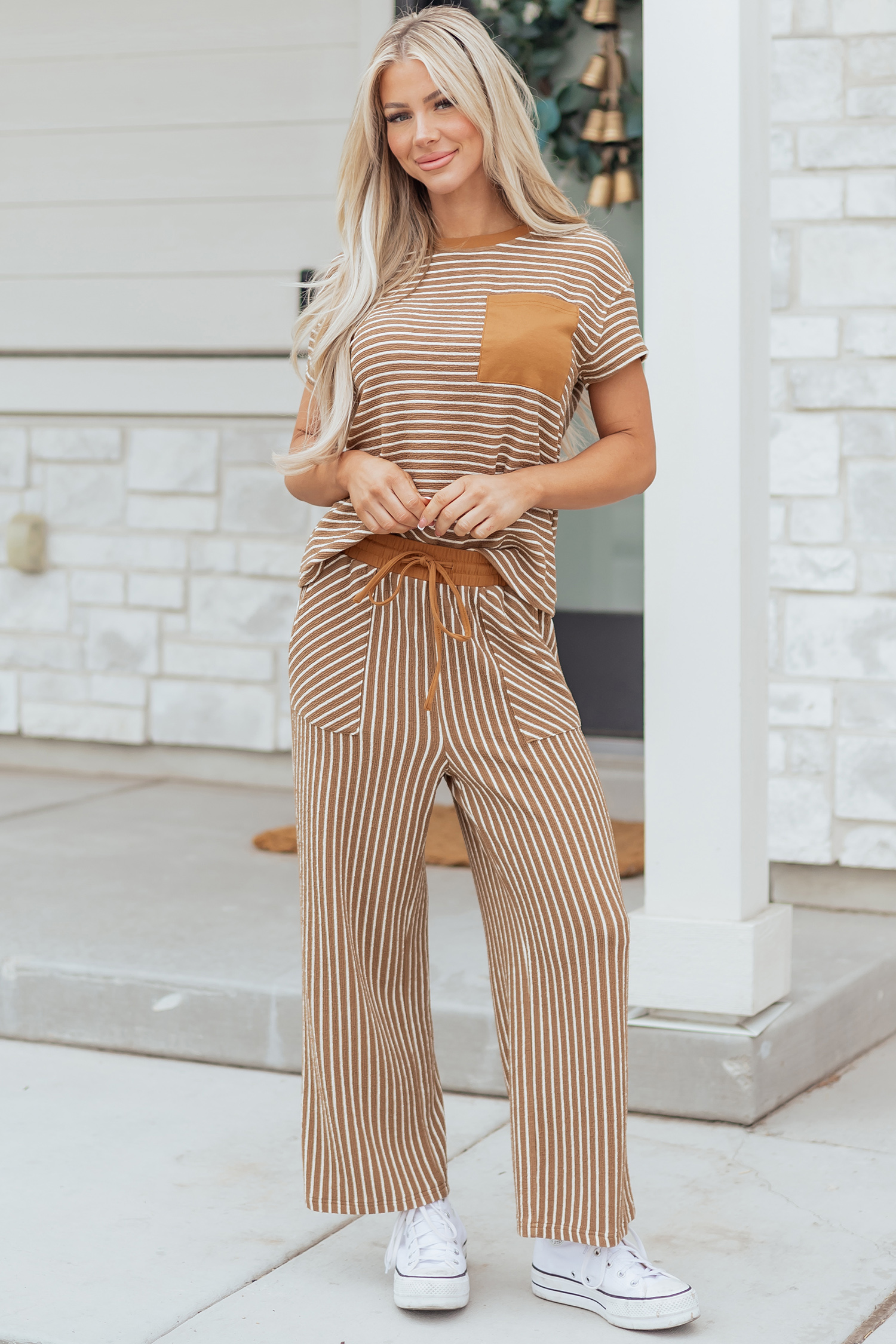 Khaki Stripe Crew Neck Tee Drawstring Waist Cropped Pants Set - loveforevers