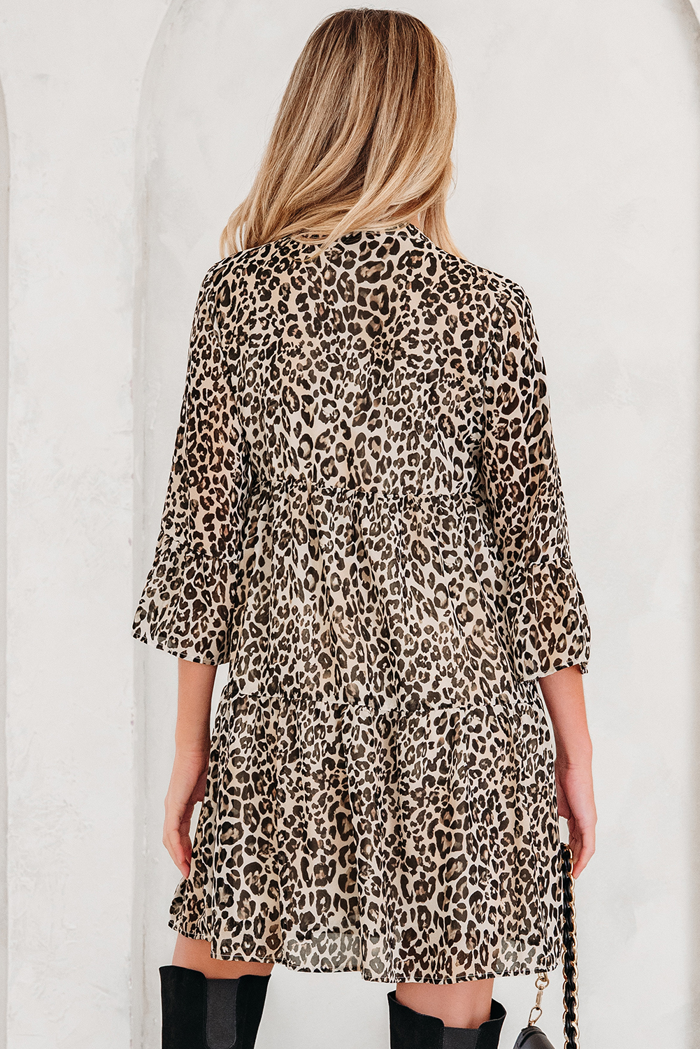 Khaki Leopard 3/4 Sleeve V Neck Swing Dress - loveforevers