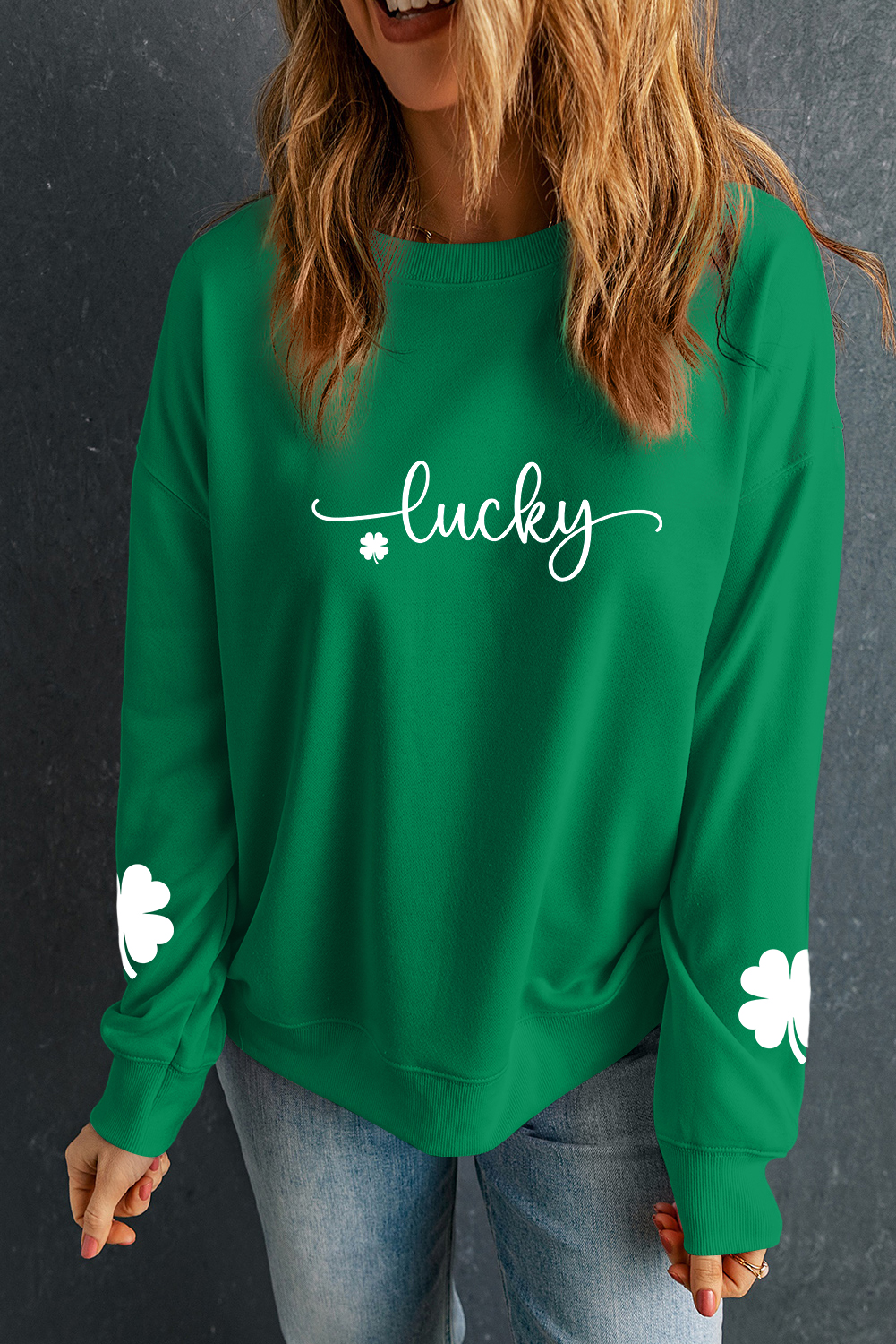 Dark Green Lucky Four Leaf Clover Graphic St Patricks Pullover Sweatshirt - loveforevers