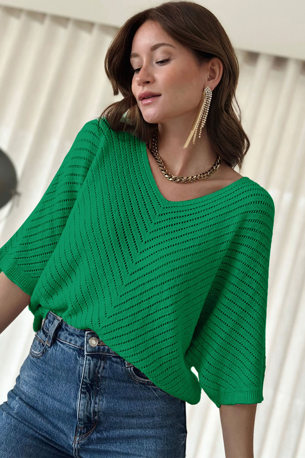Green Half Sleeve V Neck Pointelle Knitted Sweater Top - loveforevers