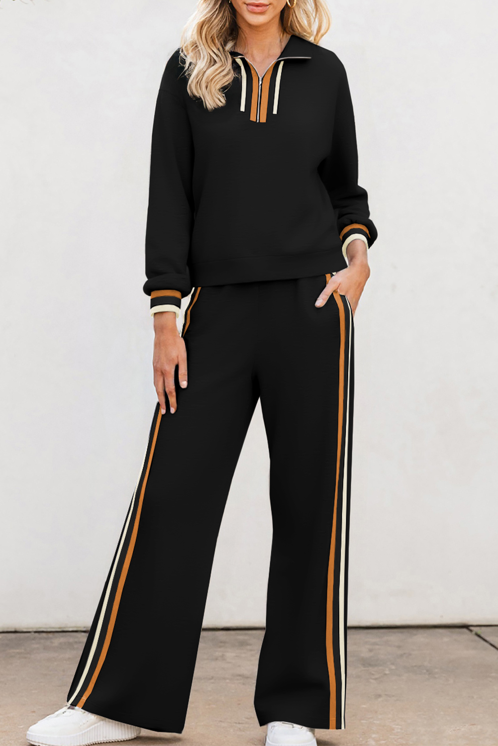 Black Striped Patchwork Quarter Zip Pullover Loose Pant Set - loveforevers