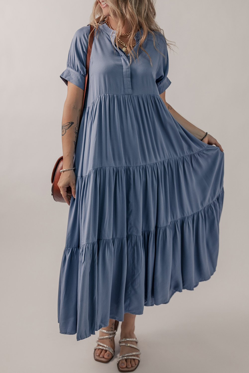 Ashleigh Blue Hidden Buttons Short Sleeve Ruffle Tiered Long Flared Dress - loveforevers
