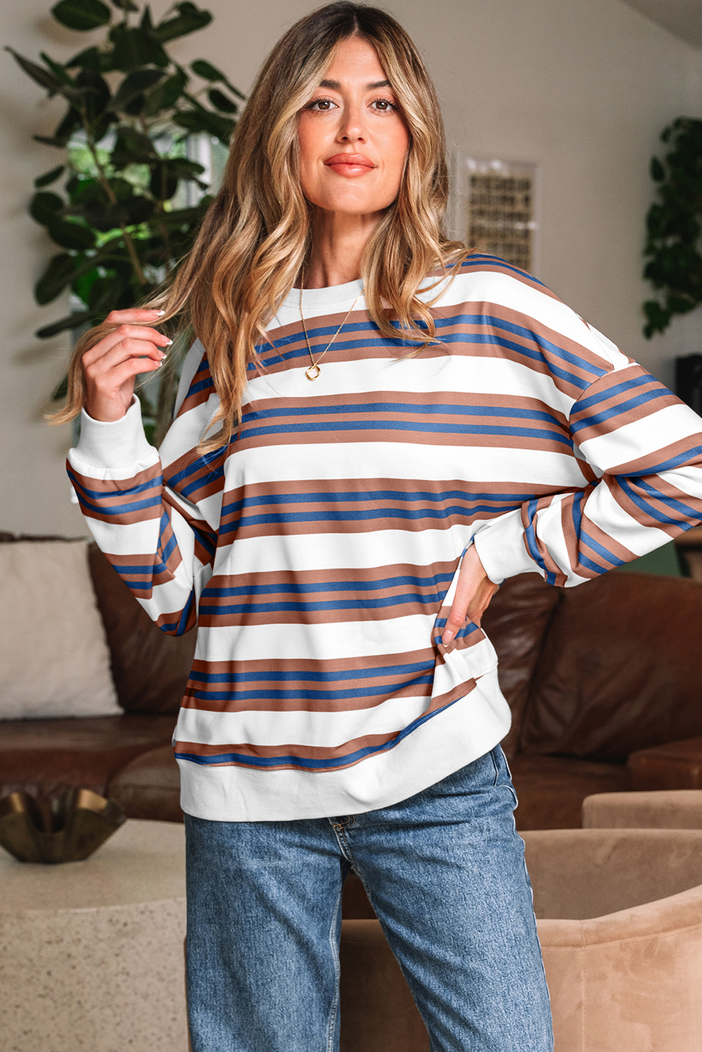 Khaki Stripe Crew Neck Drop Shoulder Pullover Sweatshirt - loveforevers