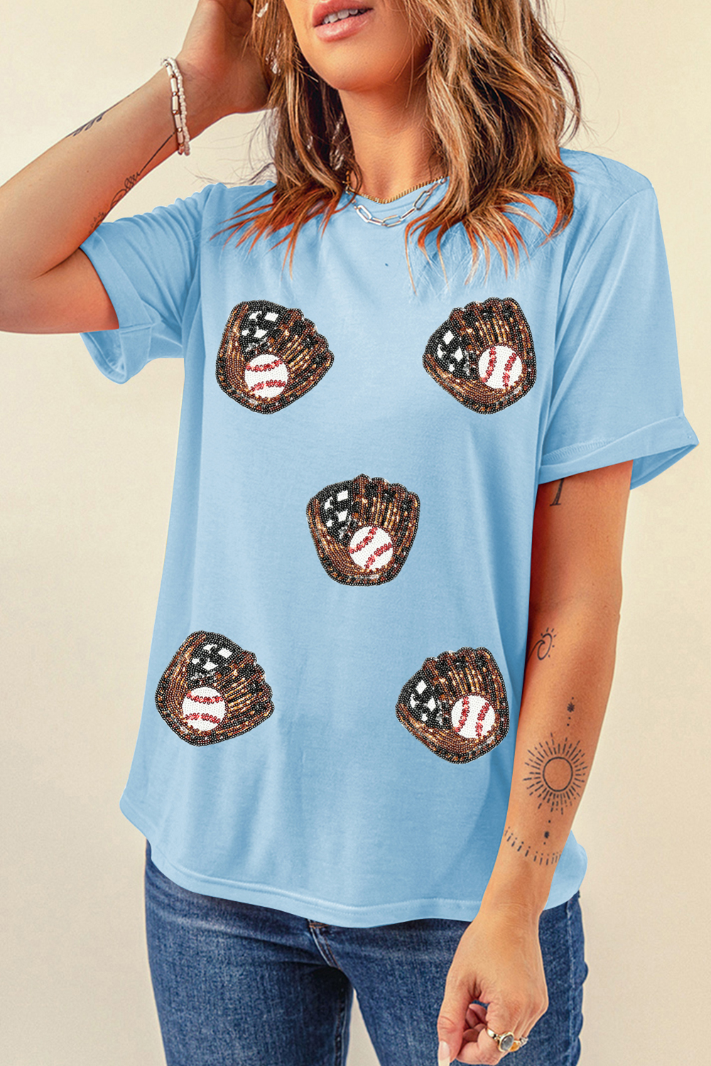 Light Blue Gopher Ball Sequin Patched Casual T Shirt - loveforevers