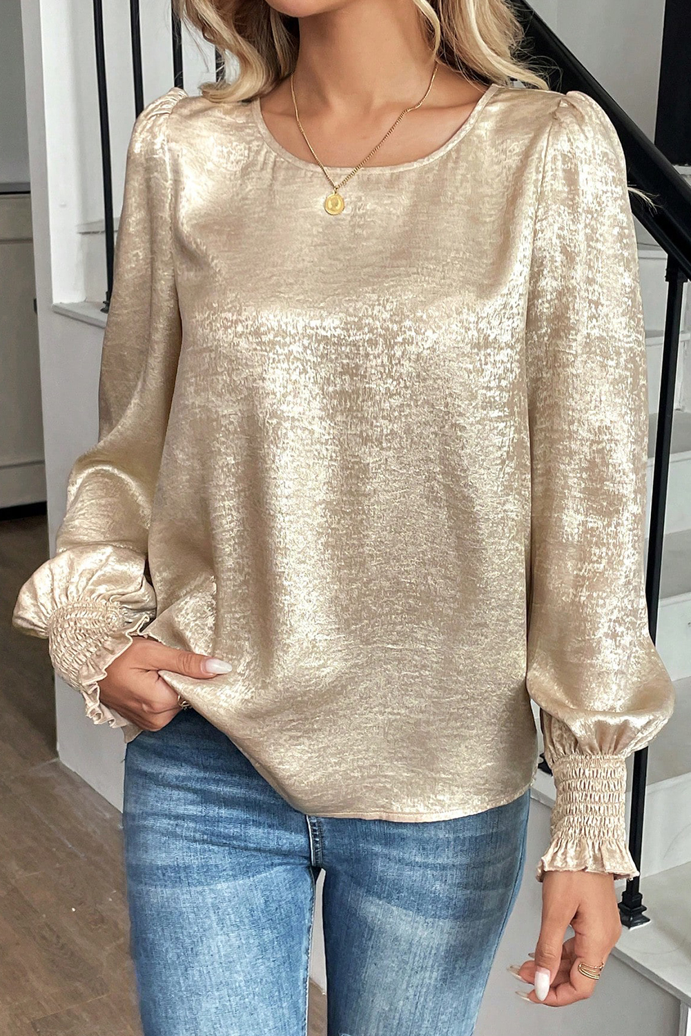 Apricot Metallic Round Neck Smocked Long Sleeve Blouse - loveforevers