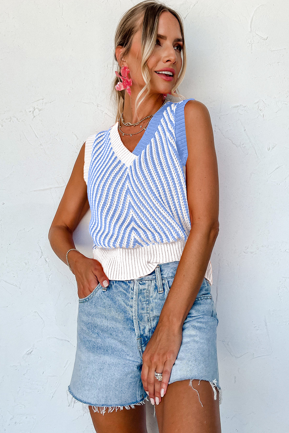Black Contrast Chevron Knit V Neck Sweater Vest - loveforevers