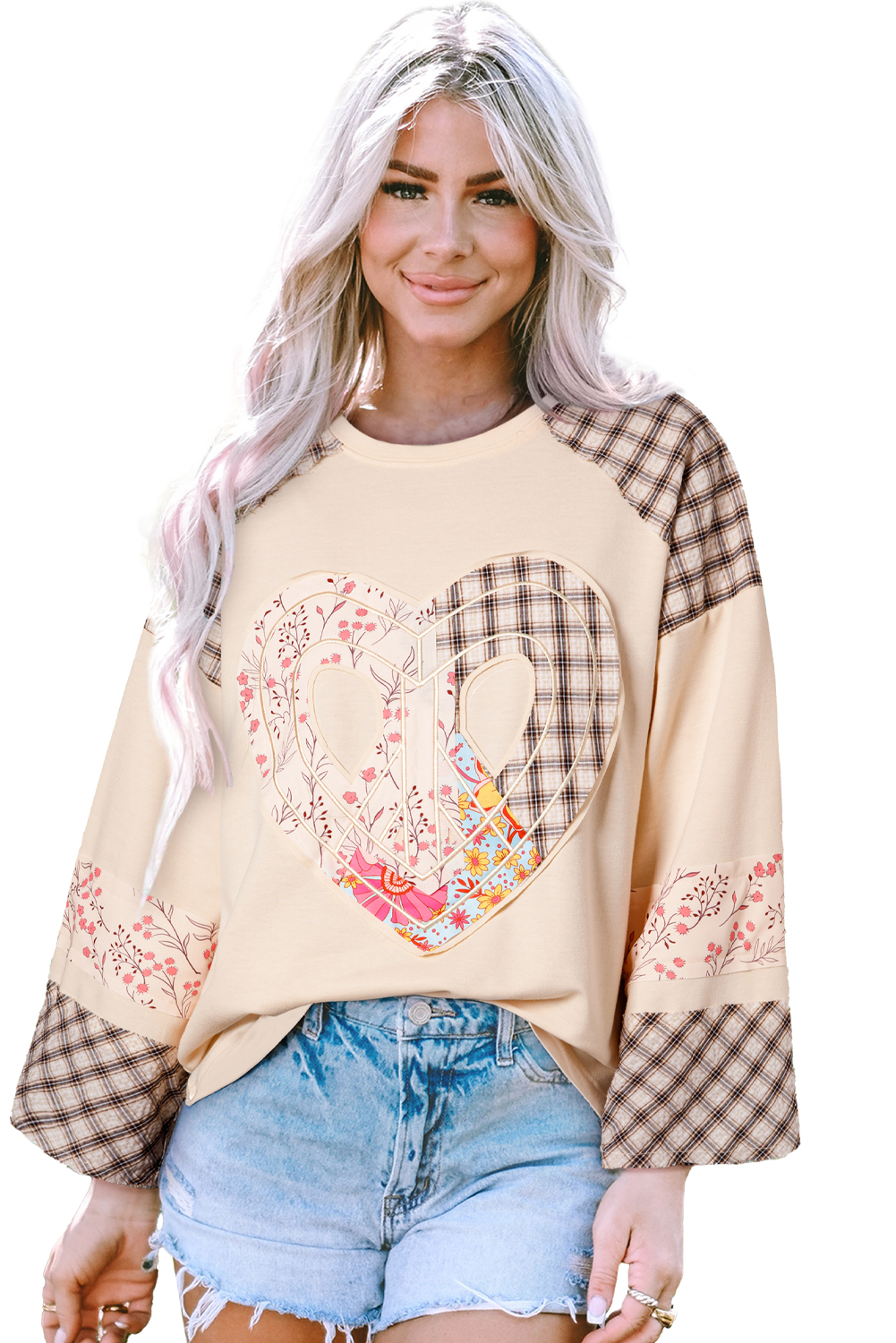 Beige Flower Patch Graphic Exposed Seam Wide Sleeve Top - loveforevers