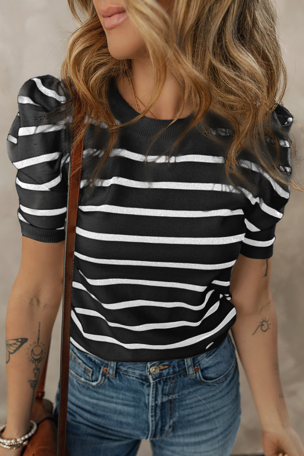 Blue Stripe Ribbed Trim Round Neck Bubble Sleeve Knitted Top - loveforevers