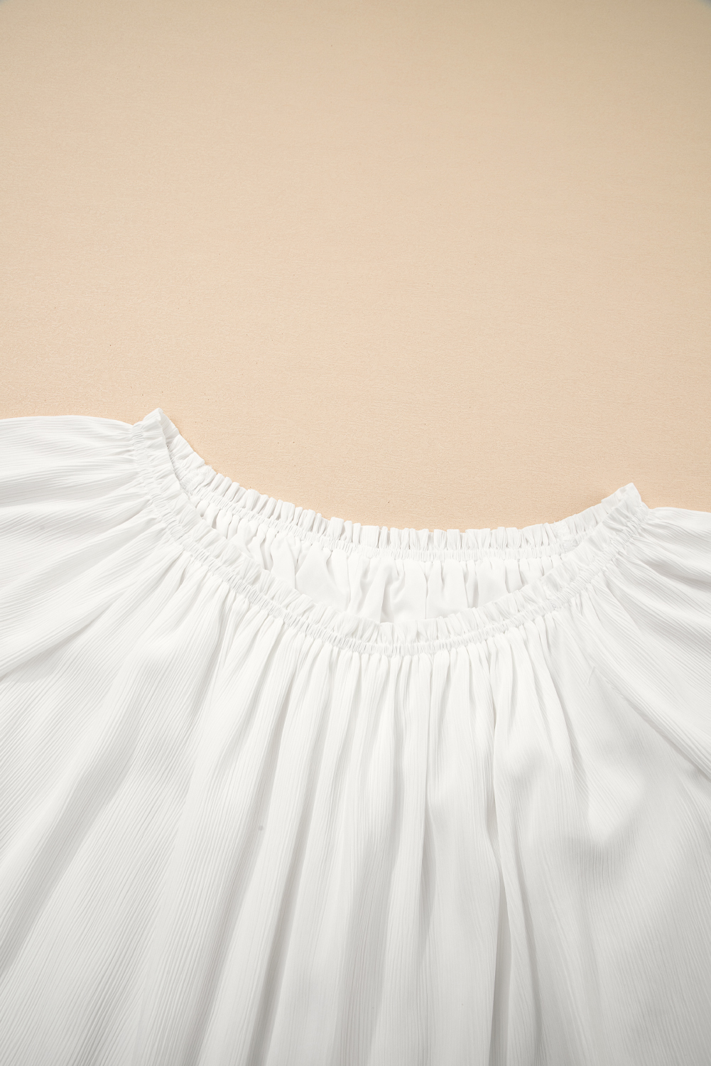 White Frilly Off Shoulder Lace Insert Sleeve Textured Blouse - loveforevers