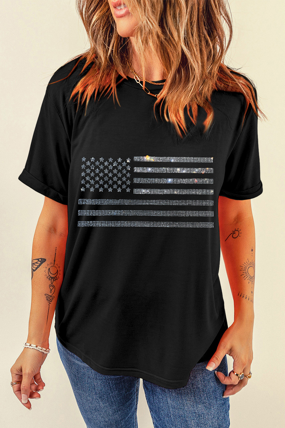 Black Glittering Rhinestone American Flag Pattern T Shirt - loveforevers