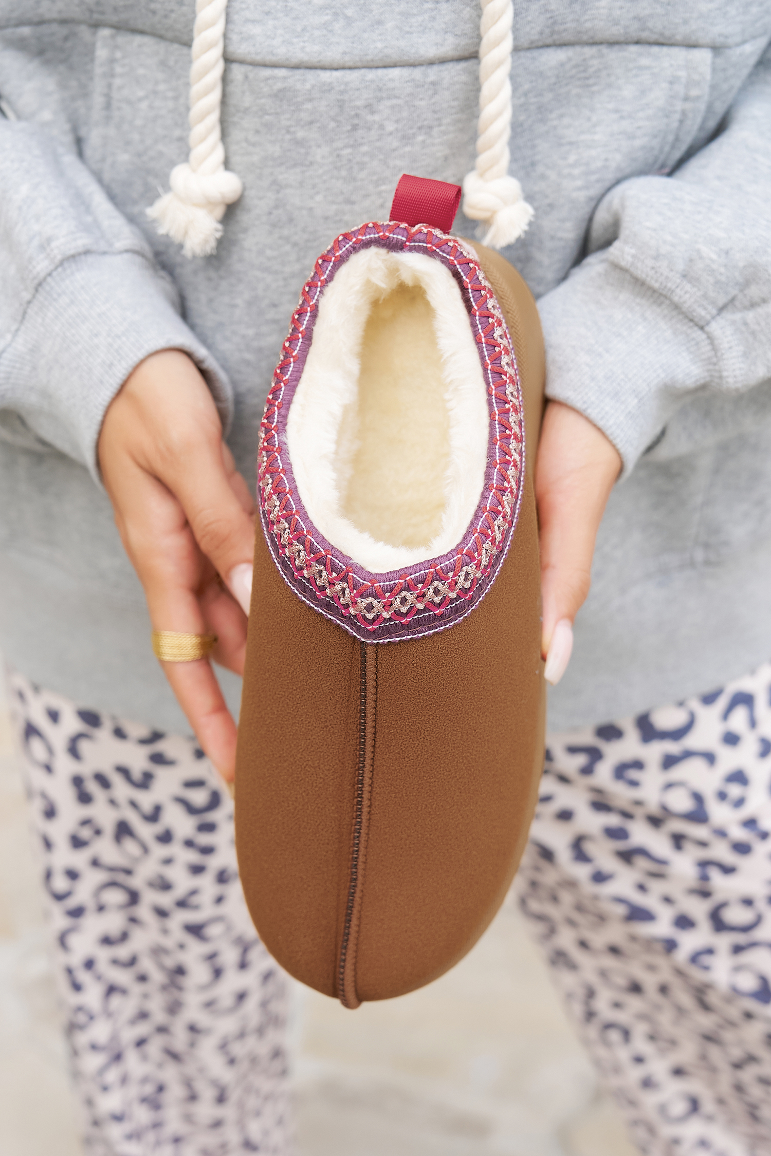 Chestnut Contrast Print Suede Plush Lined Snow Boots - loveforevers