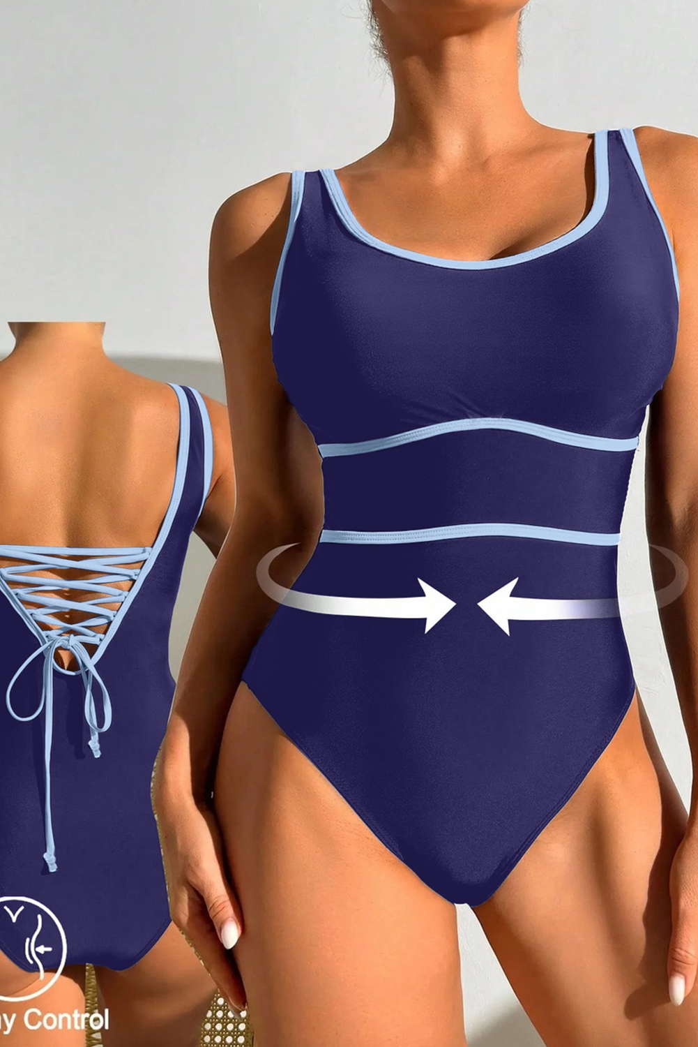 Navy Blue Contrast Trim Lace-up Back One Piece Swimsuit - loveforevers