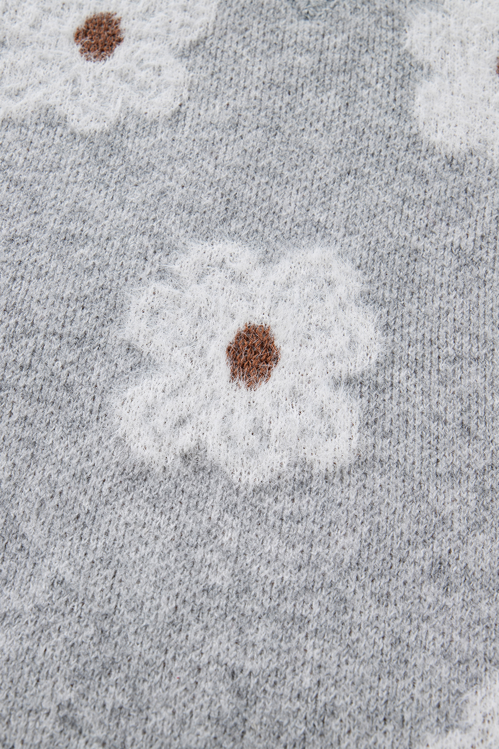Gray Cute Flower Print V Neck Drop Shoulder Baggy Sweater - loveforevers