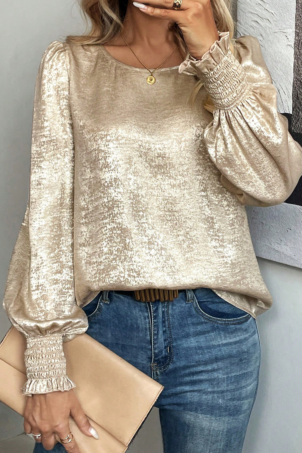 Apricot Metallic Round Neck Smocked Long Sleeve Blouse - loveforevers
