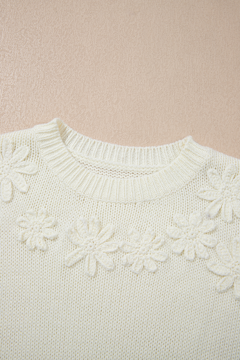 White Flower Detail Round Neck Contrast Textured Puff Sleeve Sweater - loveforevers
