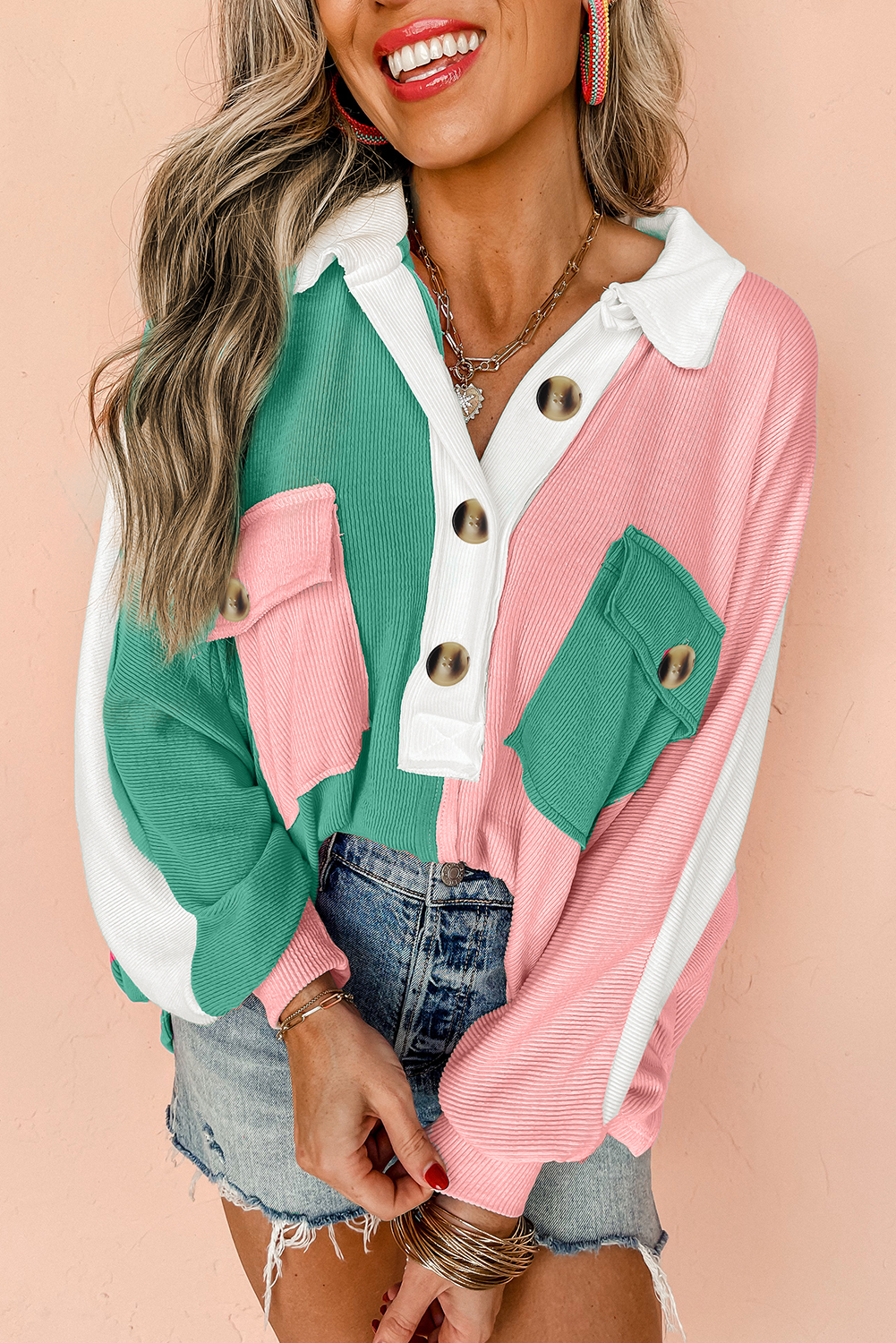 Pink Colorblock Ribbed Collared Oversized Sweatshirt - loveforevers