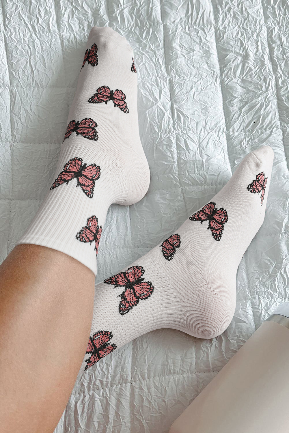 White Butterfly Pattern Ribbed Edge Soft Crew Socks - loveforevers