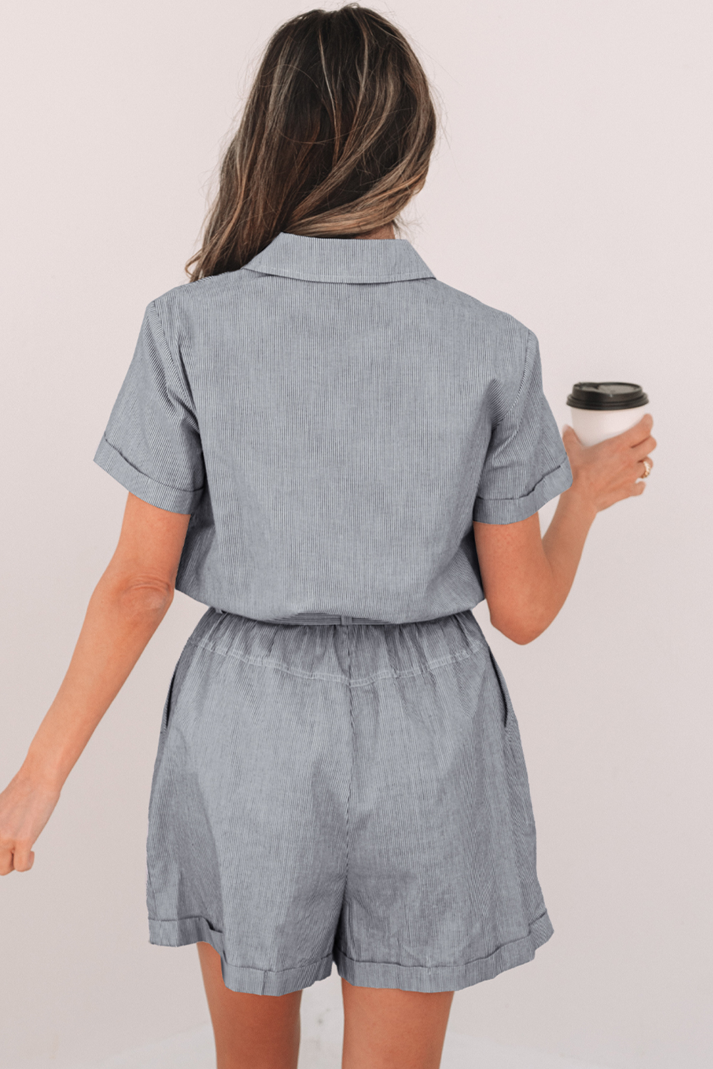 Blue Stripe Chest Pockets Buttoned Belted High Waist Romper - loveforevers