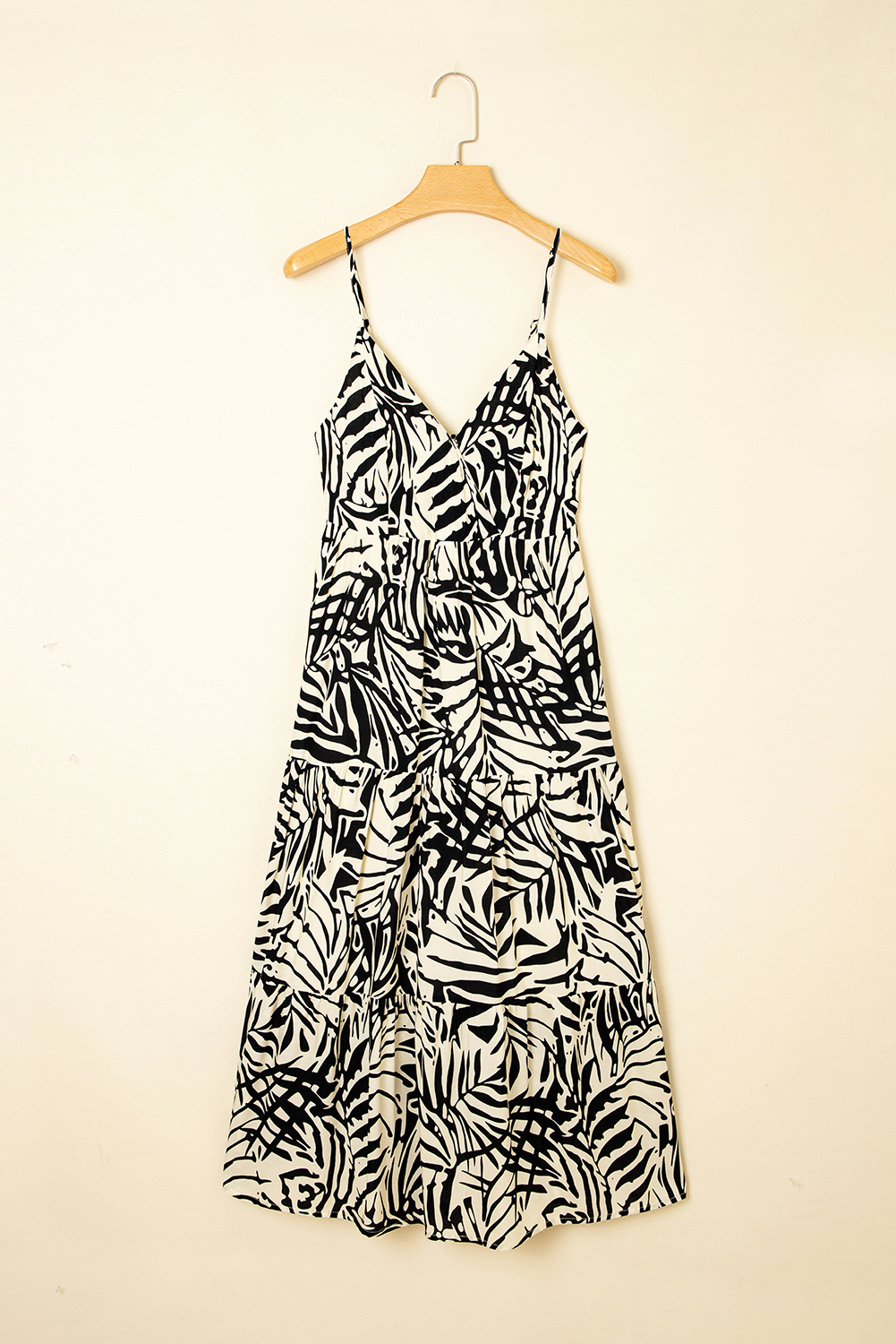 Khaki Tropical Palm Print Wrapped V Neck Spaghetti Straps Tiered Dress - loveforevers