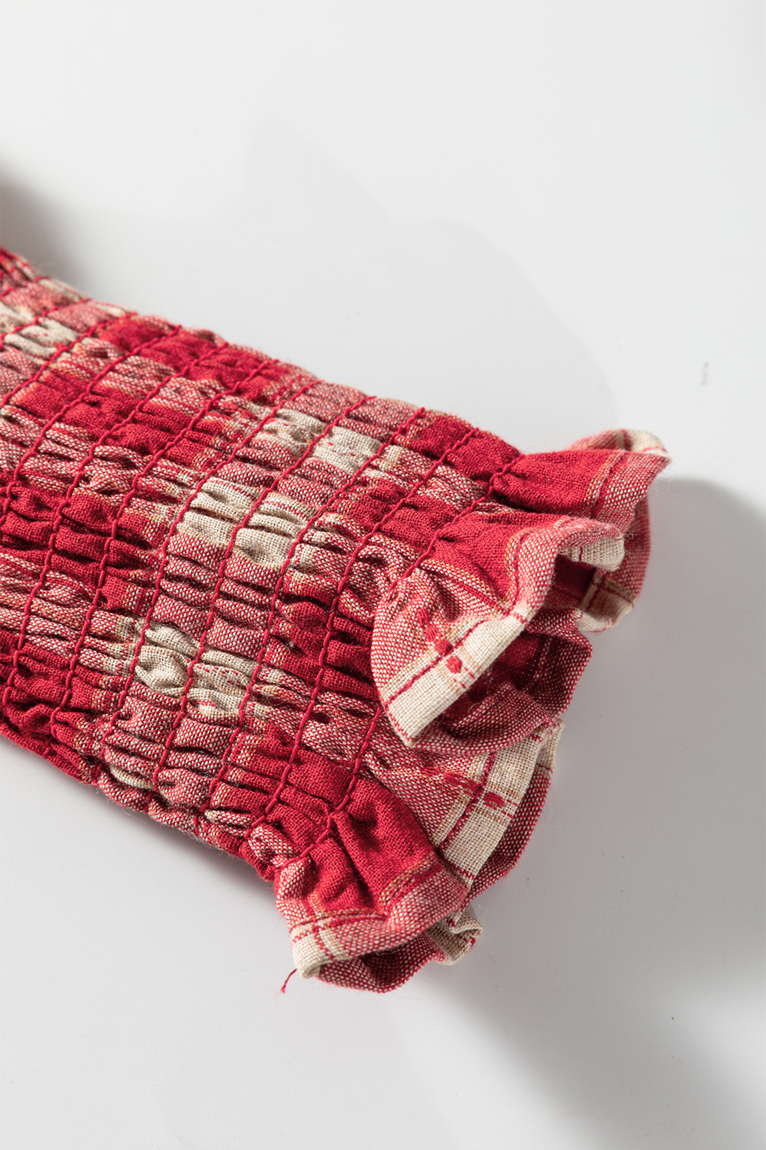 Red Plaid Print Smocked Puff Sleeve Mini Dress - loveforevers