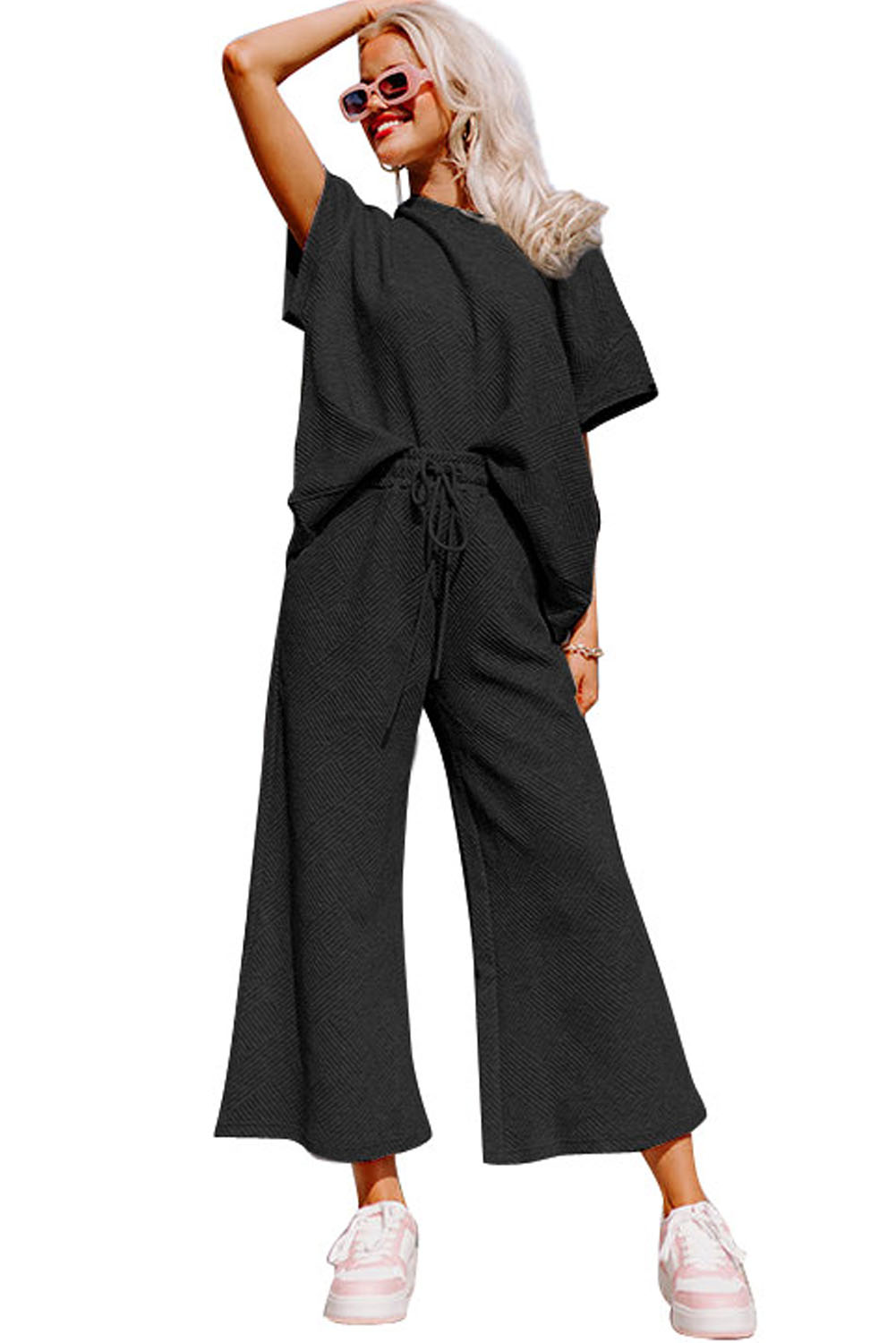 Dark Green Textured Loose Fit T Shirt and Drawstring Pants Set - loveforevers