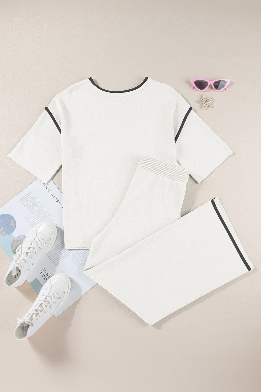 Blackish Green Contrast Trim Half Sleeve Top Drawstring Pants Loose 2pcs Sweater Suit - loveforevers