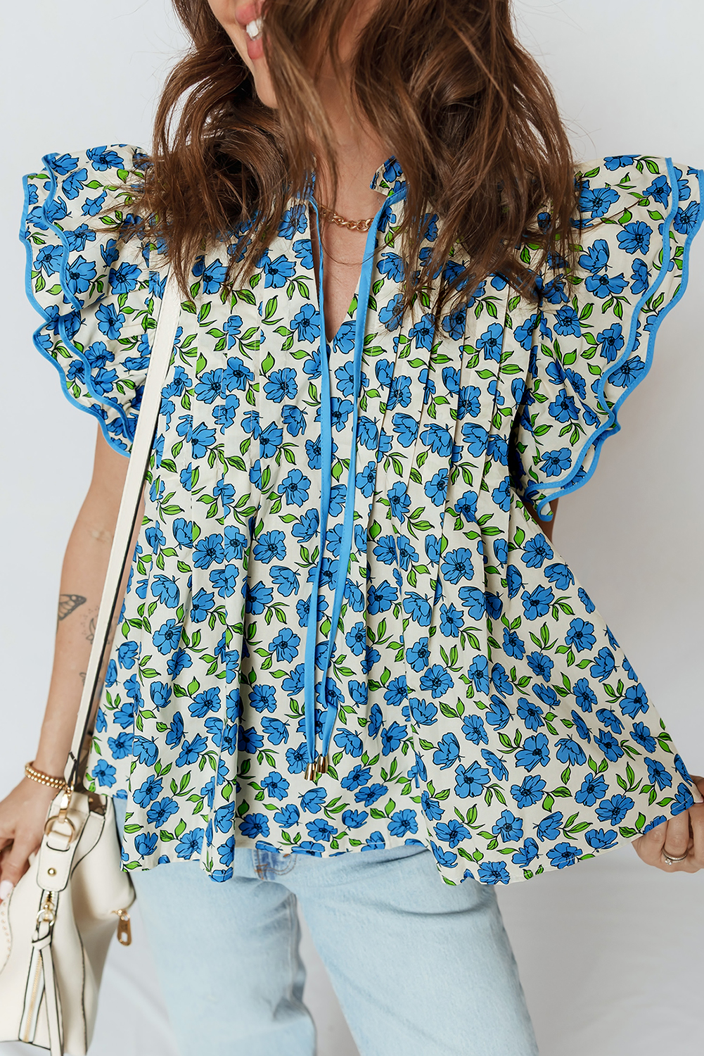 Sky Blue Tiered Flutter Sleeve Pleated Flower Blouse - loveforevers