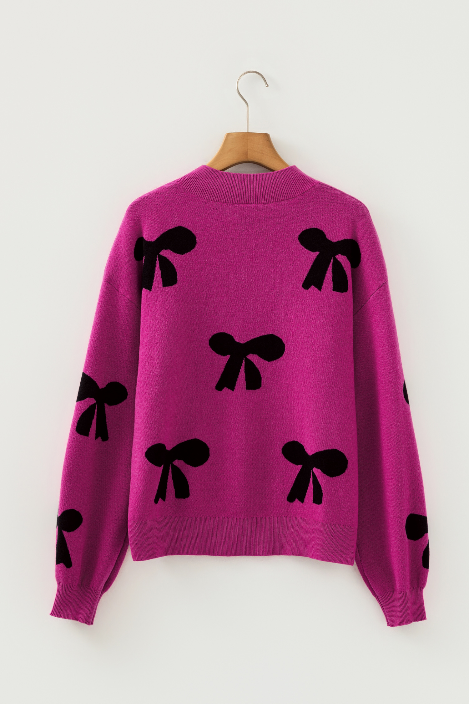 Bright Pink Pearl Embellished Bow Pattern Loose Sweater - loveforevers
