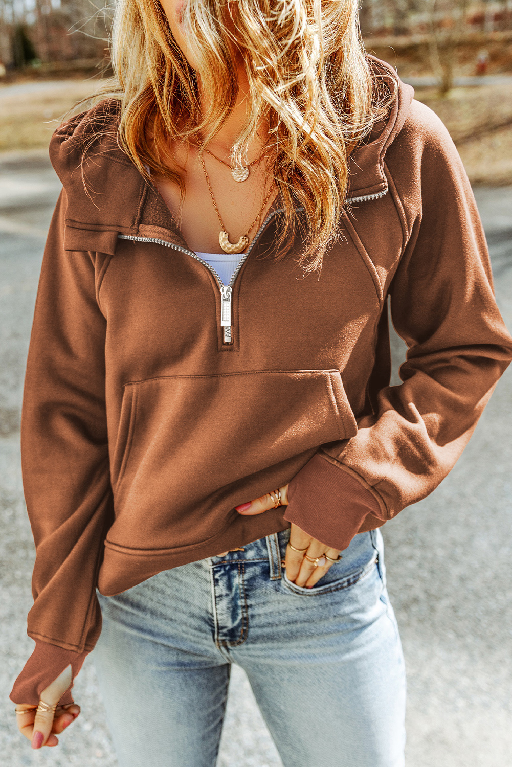 Brown Quarter Zip Kangaroo Pocket Hoodie - loveforevers