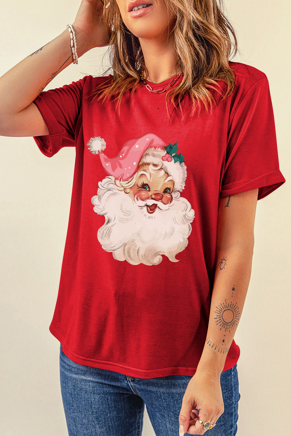Red Christmas Santa Claus Print Crew Neck T Shirt - loveforevers