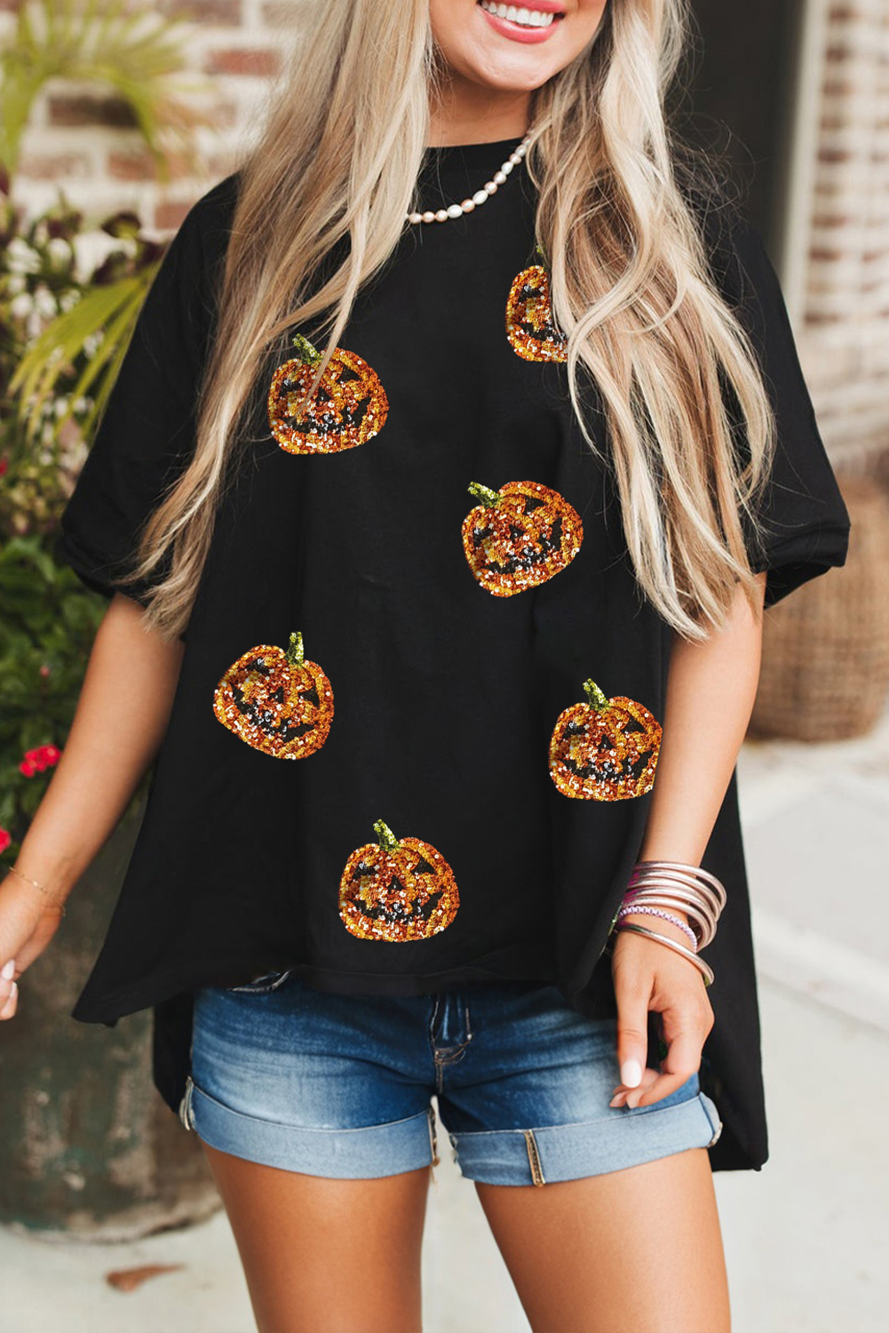Black Sequin Jack-o-lantern Pattern Halloween Casual Tee - loveforevers