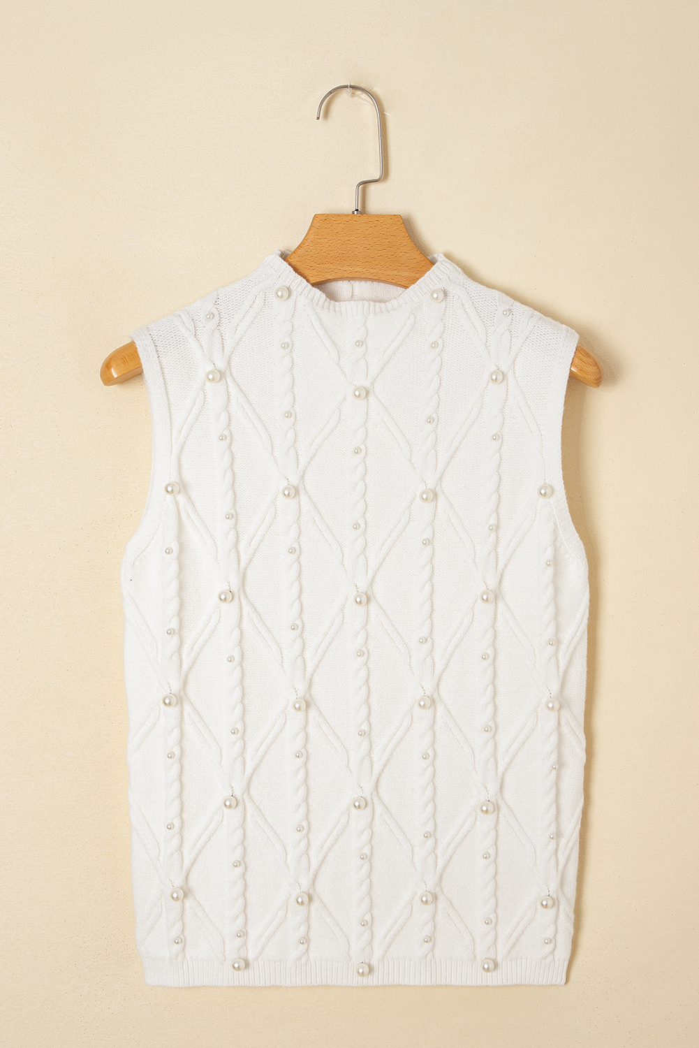 White Pearled High Neck Textured Knit Sweater Vest - loveforevers
