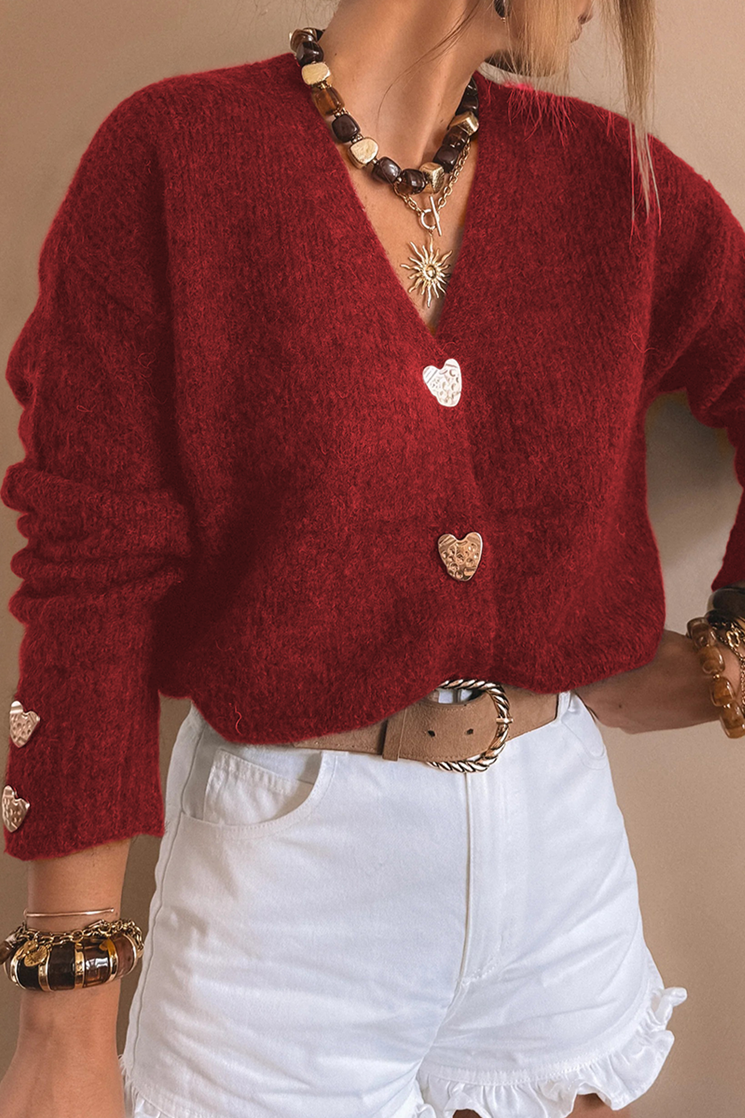 Fiery Red Heart Metal Button V Neck Cardigan Sweater - loveforevers