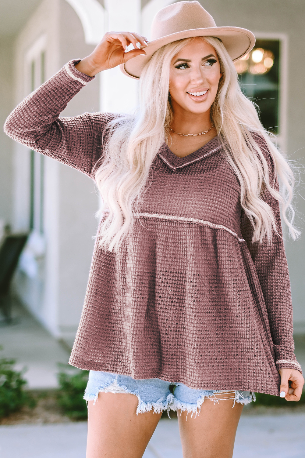 Pink Waffle Knit V Neck Long Sleeve Babydoll Top - loveforevers