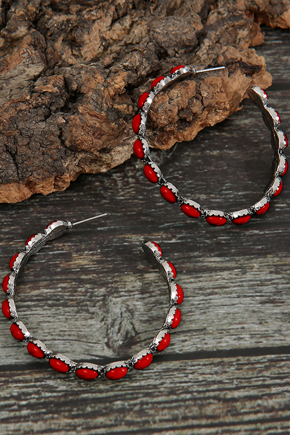 Fiery Red Gem Inlay Retro C-shape Earrings - loveforevers