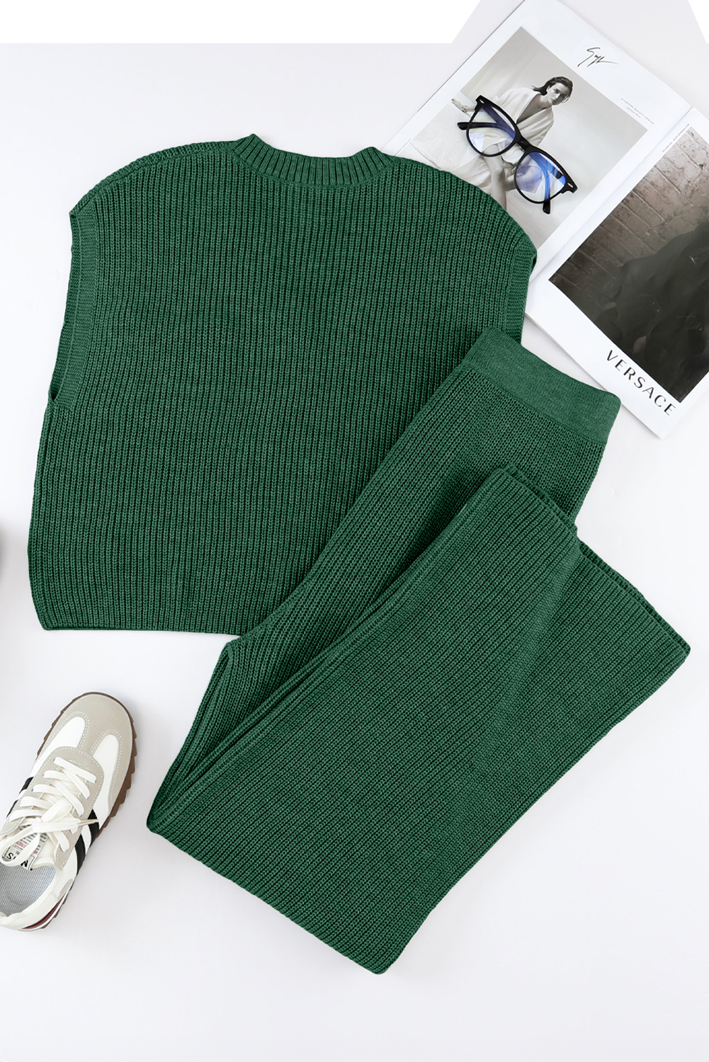 Green Knitted V Neck Sweater and Casual Pants Set - loveforevers