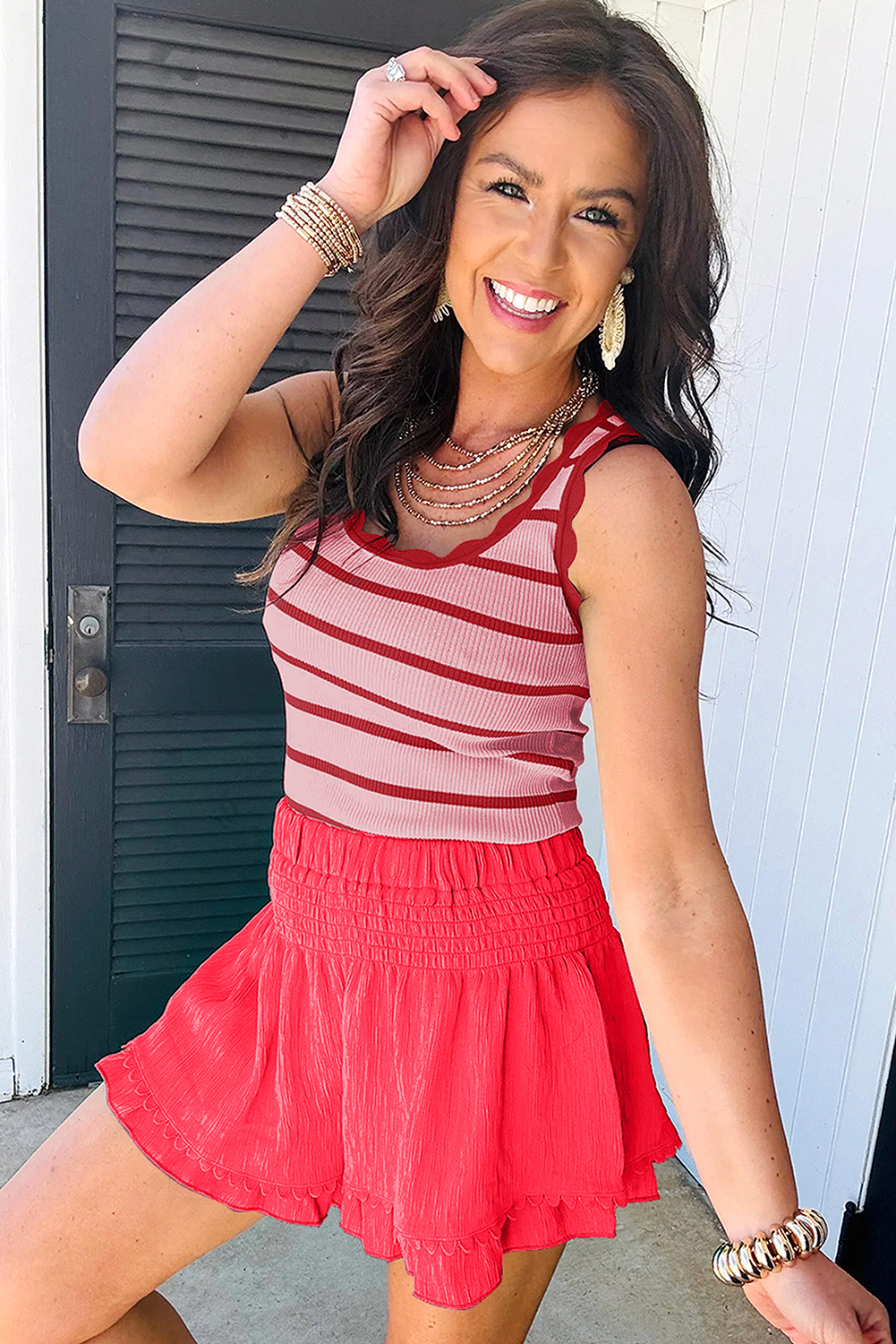 Bright Green Striped Scalloped Edge U Neck Sleeveless Sweater Vest - loveforevers