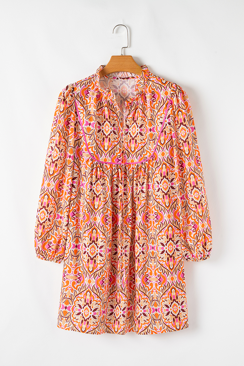 Khaki Abstract Printed Long Sleeve Tied Neckline Mini Dress - loveforevers
