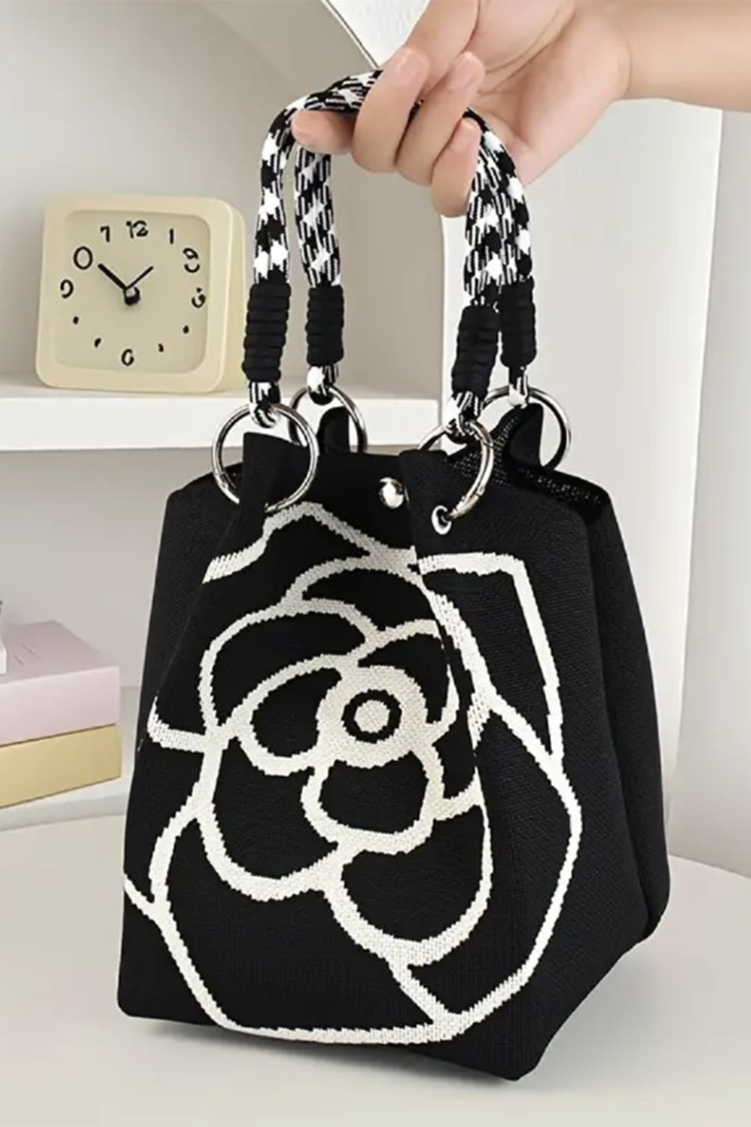 Color black Retro Rose Flower Large Knitted Tote Bag - loveforevers