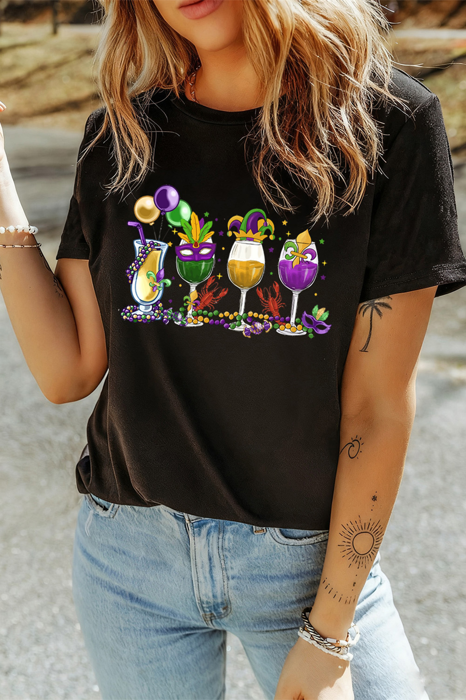 Black Cheerful Mardi Gras Drinks Crayfish Printed T Shirt - loveforevers